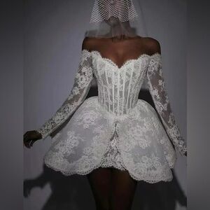 Glamorous Short Off The Shoulder Wedding Dress With Long Sleeves